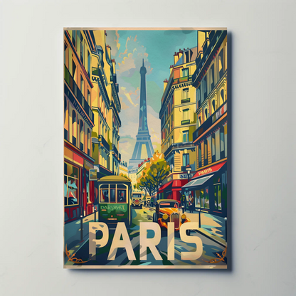 Vibrant Parisian Street Eiffel View Vintage Travel Poster