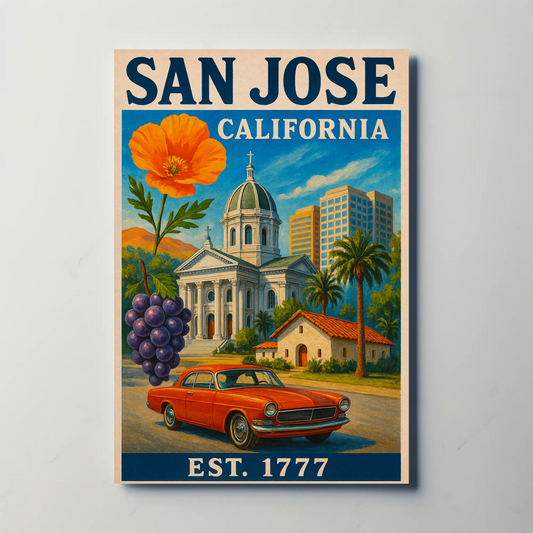 San Jose California Church Grapes Car Vintage Travel Poster