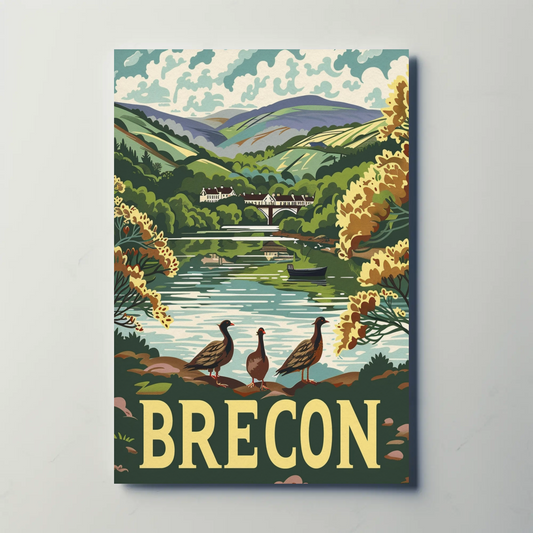 Brecon River Ducks Village Hillside Travel Poster