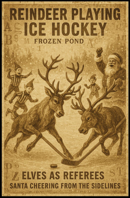 Whimsical Christmas Reindeer Ice Hockey Vintage Sports Poster