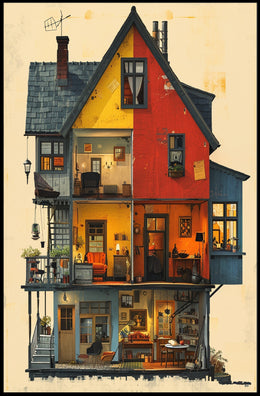 Whimsical Vintage House Cross-Section Art Poster PosterGoat