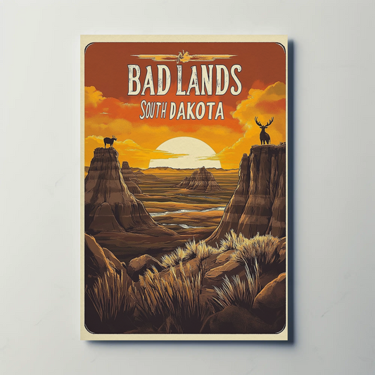Badlands South Dakota Wildlife Sunset Scene Vintage Travel Poster