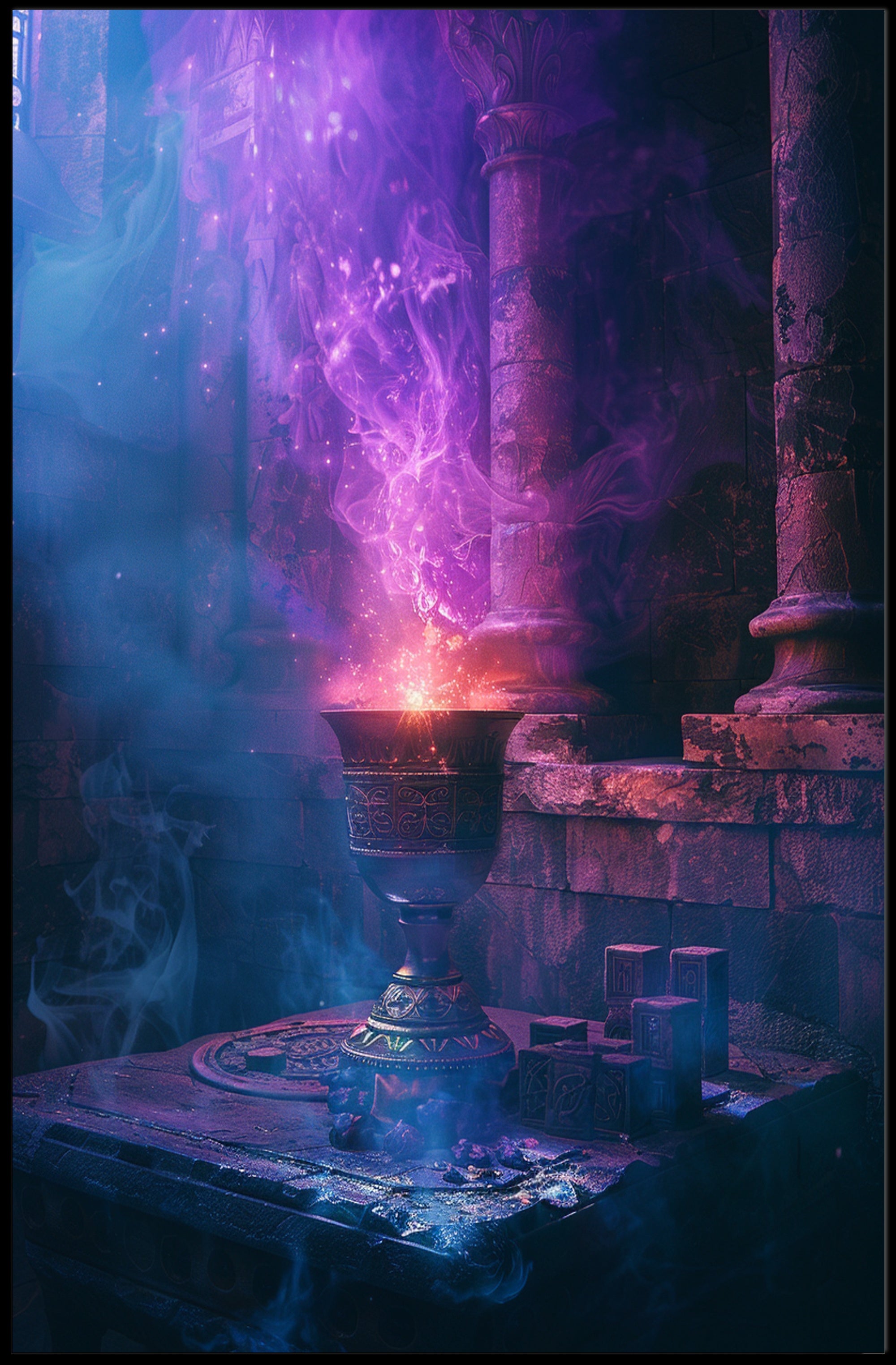 Mystical Chalice in Enchanted Stone Chamber Poster PosterGoat