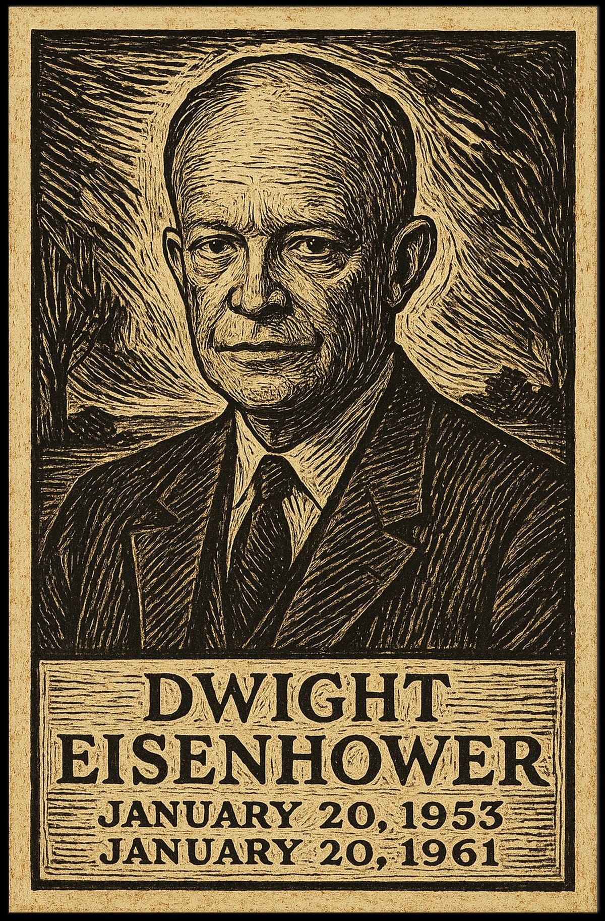 Eisenhower Portrait Midcentury Woodcut Patriotic Poster