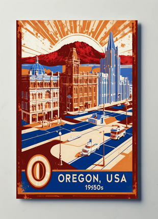 Oregon USA 1950s Coastal Cityscape Vintage Travel Poster