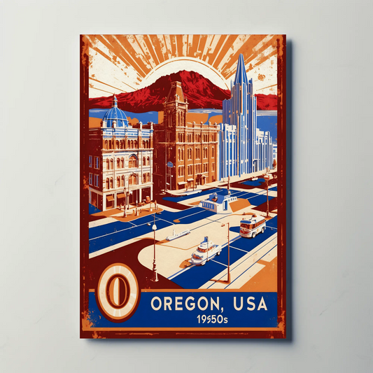 Oregon USA 1950s Coastal Cityscape Vintage Travel Poster