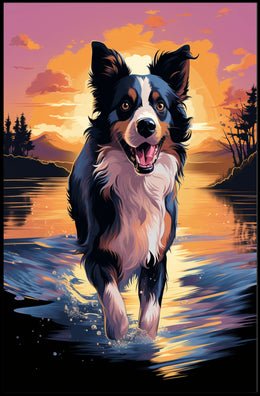 Cheerful Dog at Sunset Landscape Artistic Animal Poster