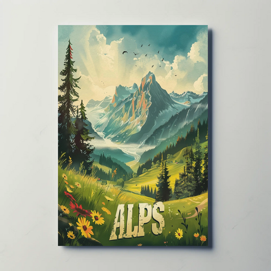 Alps Mountain Meadow Light Rays Forest Travel Poster