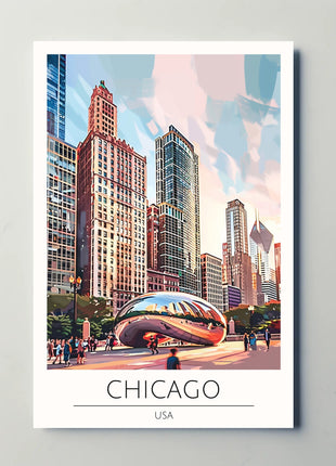 Chicago Skyline Travel Poster with Cloud Gate Landmark