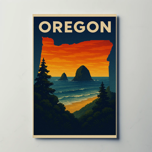 Oregon Coastal View Sunset Forest Travel Poster