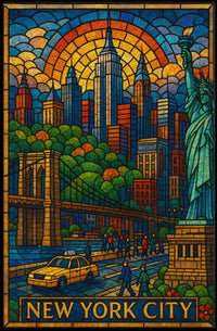 New York City Vibrant Stained Glass Poster Modern Wall Art