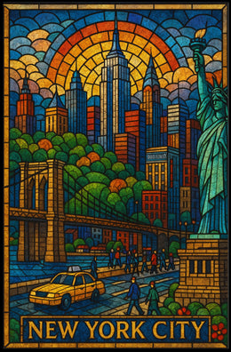 New York City Vibrant Stained Glass Poster Modern Wall Art