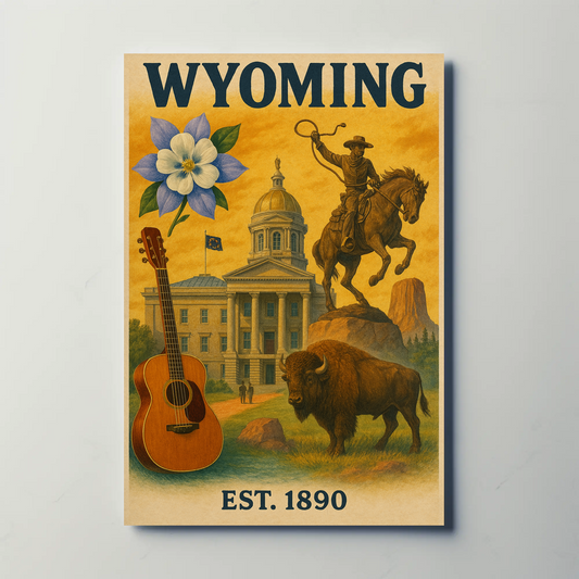 Wyoming Capitol Rodeo Guitar Bison Flower Vintage Travel Poster