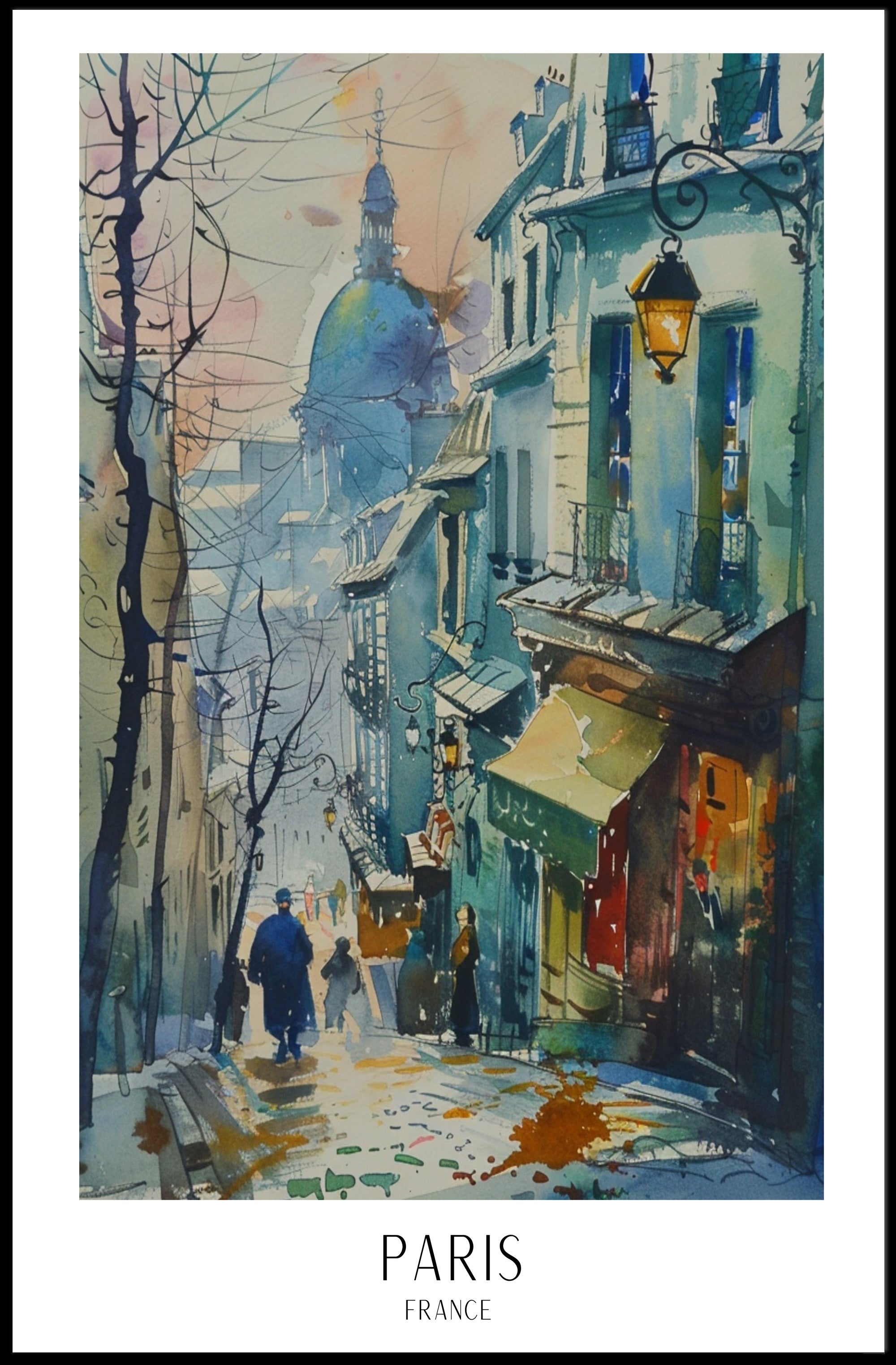 Picturesque Parisian Street Scene Watercolor Urban or Cityscape Poster PosterGoat