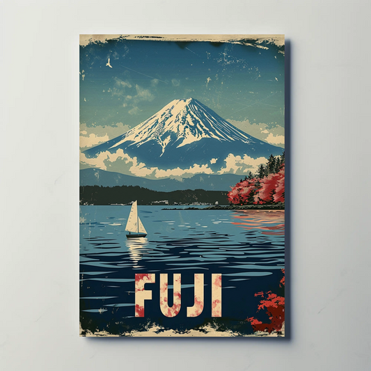 Fuji Mountain Sailing Scene Vintage Travel Poster