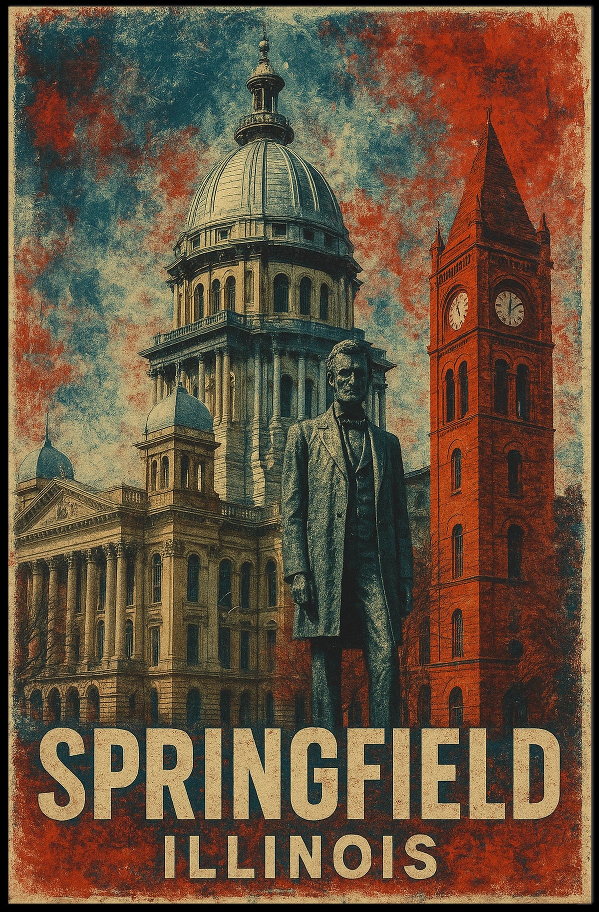 Springfield Illinois Vintage Landmarks Travel Architecture Cultural Heritage Folk Art Poster