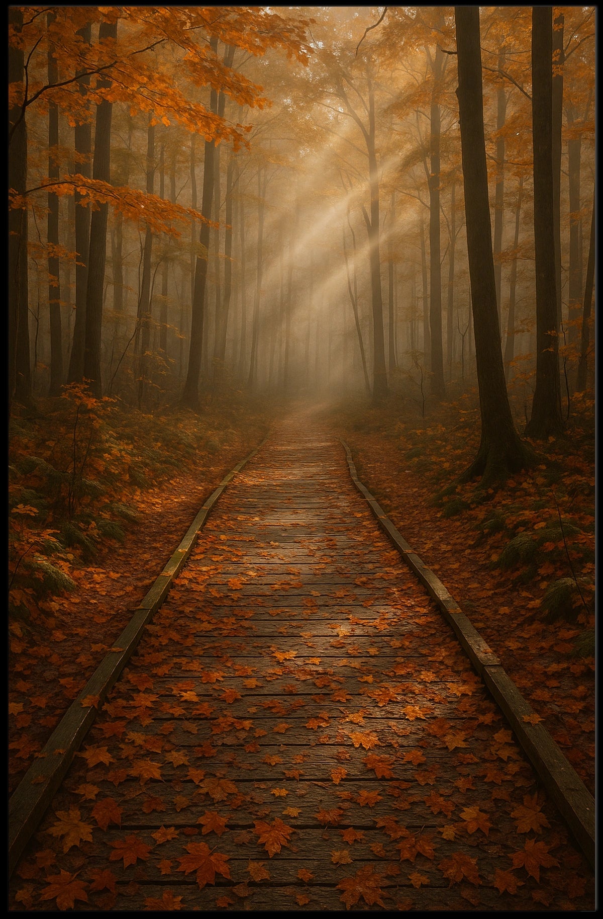 Serene Autumn Forest Pathway Photorealistic Tranquil Canopy Sunlit Woodland Foliage Golden Poster
