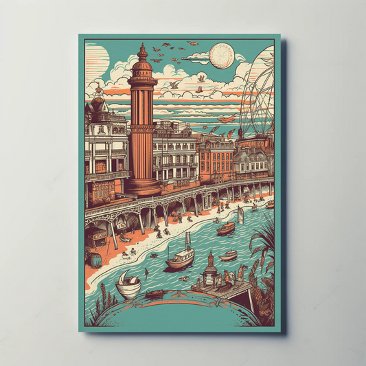 Beachfront Promenade Pier Boats Skyline Bathers Travel Poster