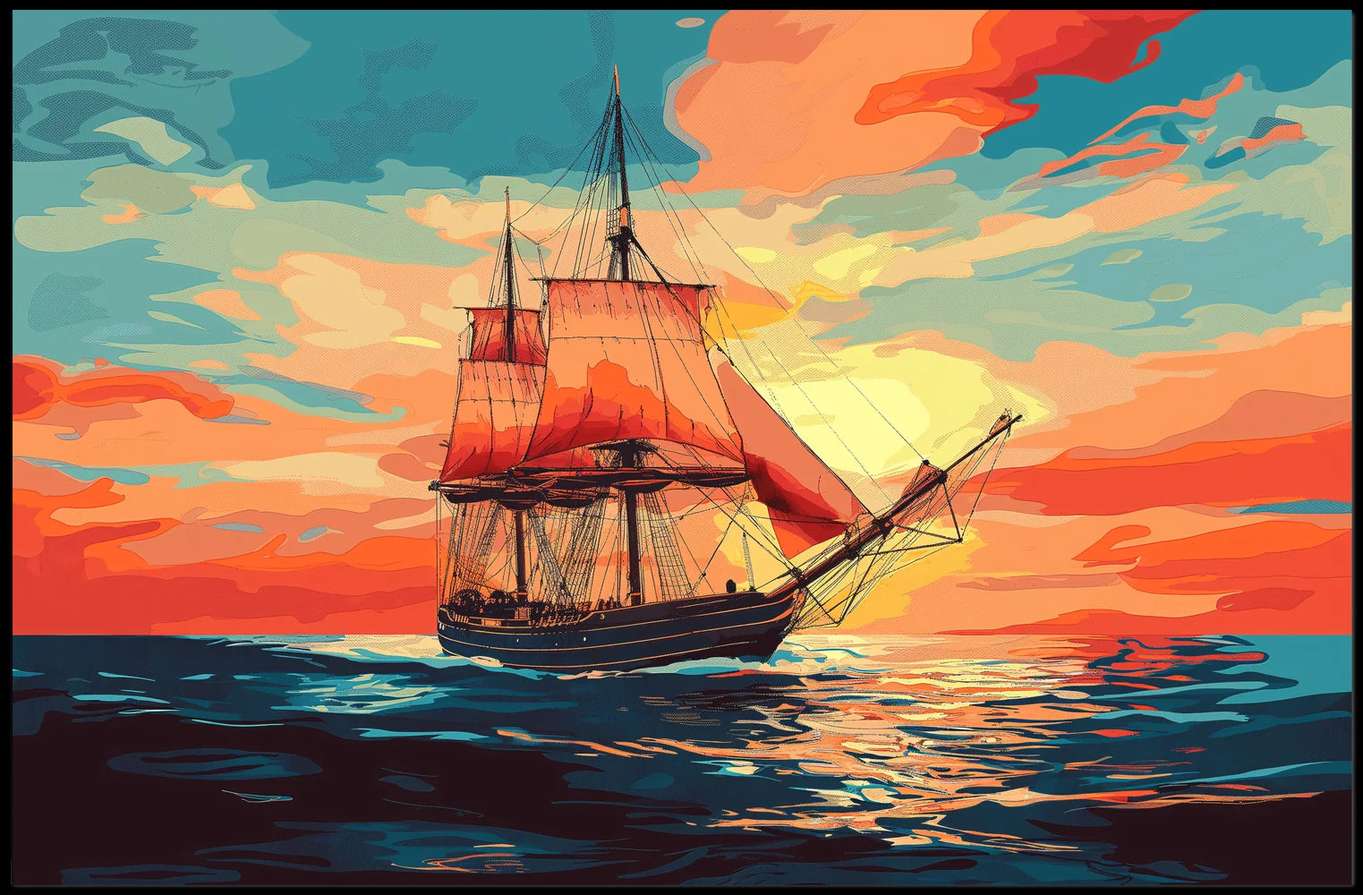 Vintage Sailing Ship at Vibrant Sunset Poster