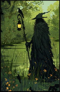Mysterious Forest Figure with Crow Fantasy or Mythology Poster PosterGoat