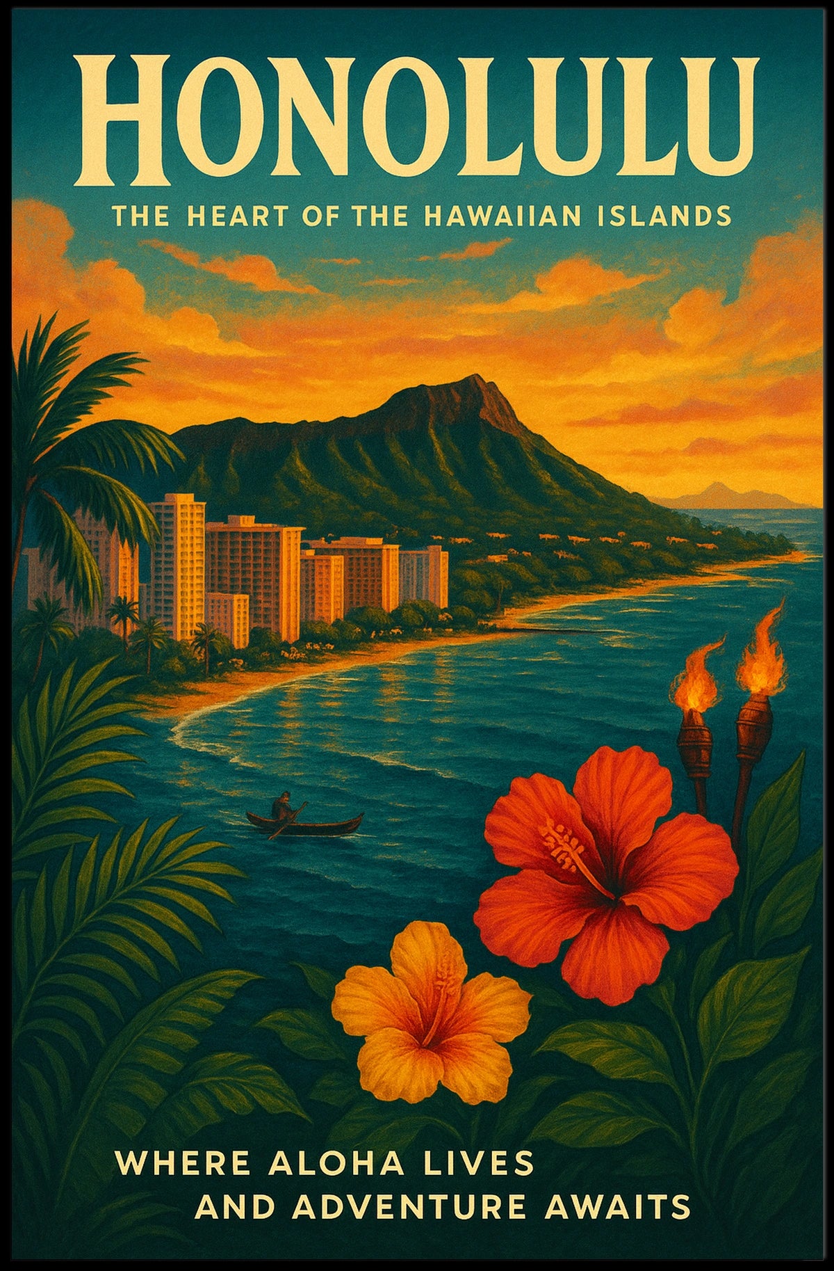 Honolulu Adventure Vintage Travel Poster Art