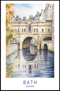 Iconic Pulteney Bridge in Bath Watercolor Urban Cityscape Poster PosterGoat