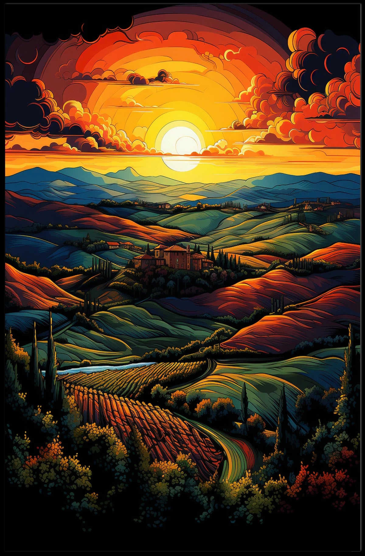 Tuscan Countryside Sunset Scenic Travel Poster