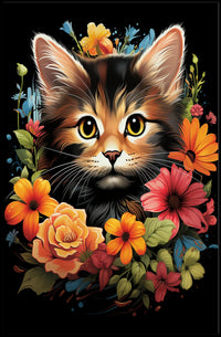 Charming Cat and Flowers Modern Art Poster