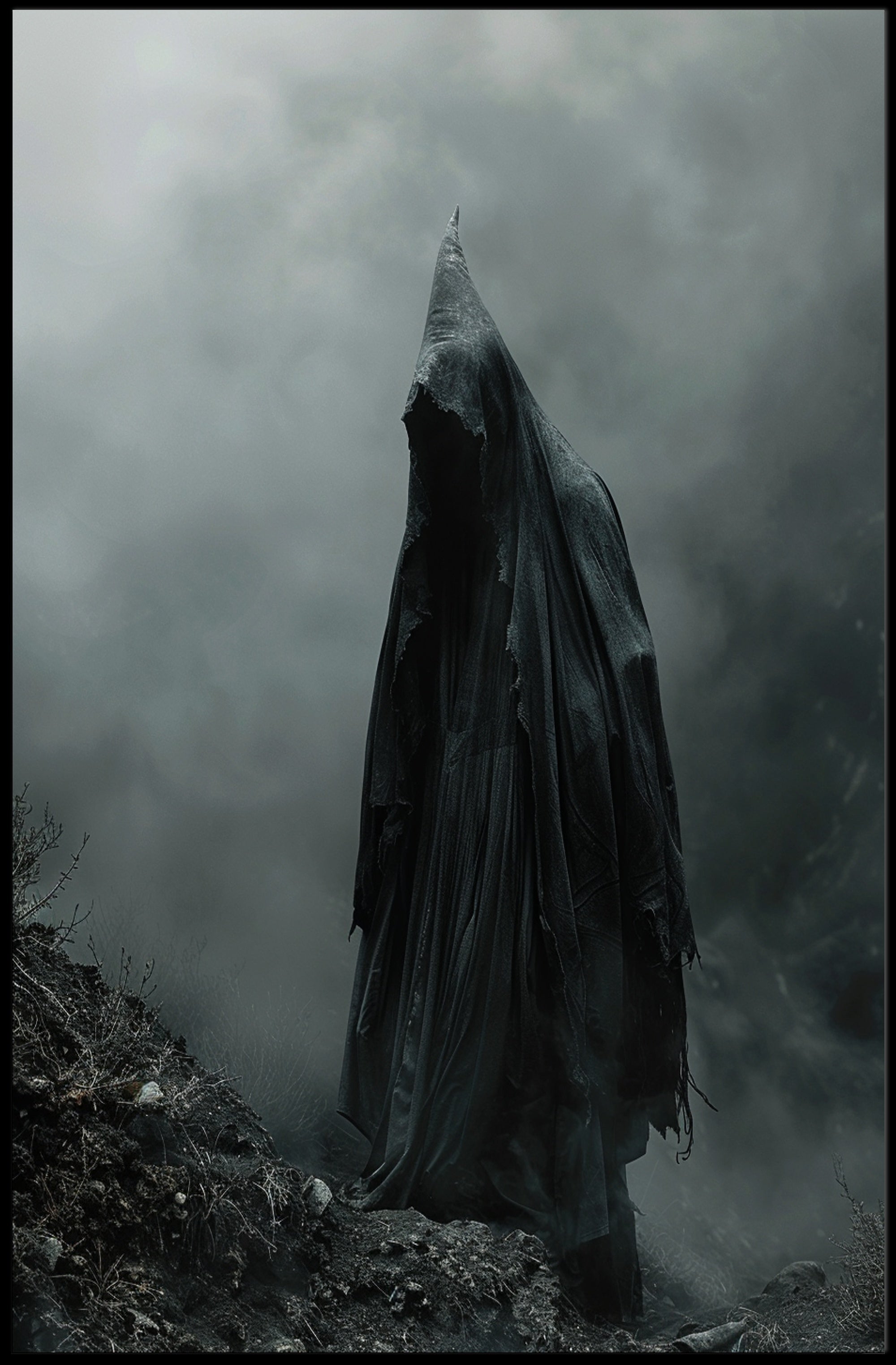 Mysterious Cloaked Figure in Misty Landscape Fantasy Poster PosterGoat