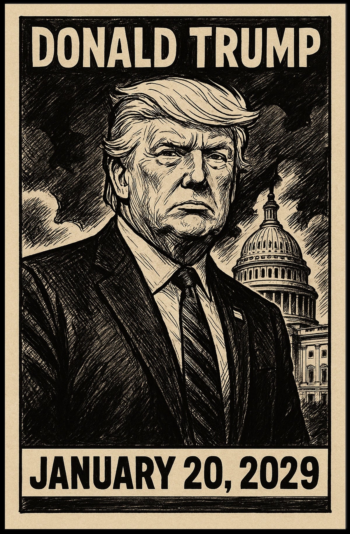 Donald Trump 47th President of the United States B & W Comic Sketch Poster