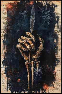 Skeletal Hand Quill Dark Theme Artistic Poster