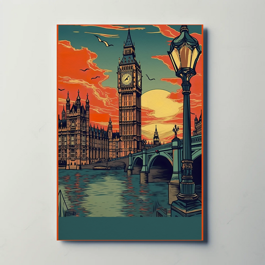 Big Ben London Sunset River Bridge Travel Poster
