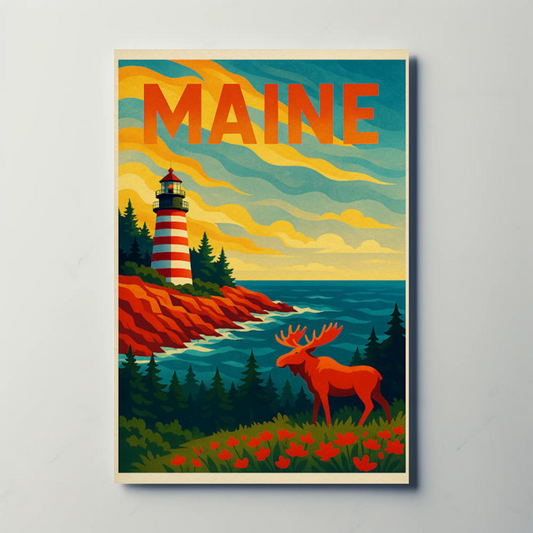Maine Lighthouse Moose Forest Coastal View Poster
