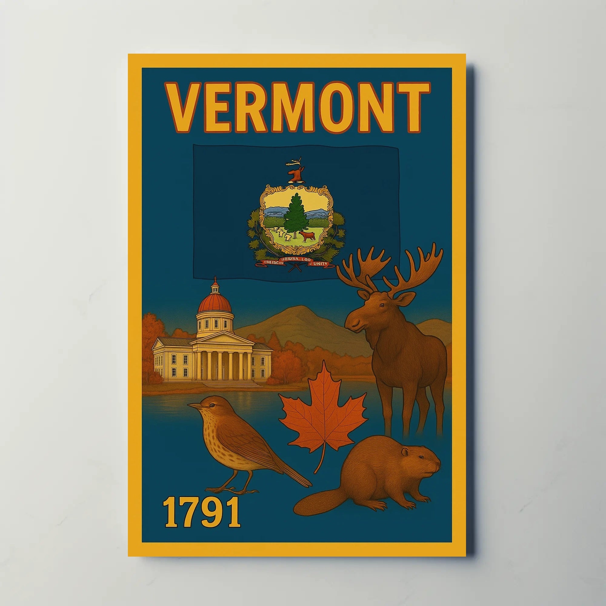 Vermont Statehood Celebration Poster with Nostalgic Vintage Style Cultural or Heritage Poster