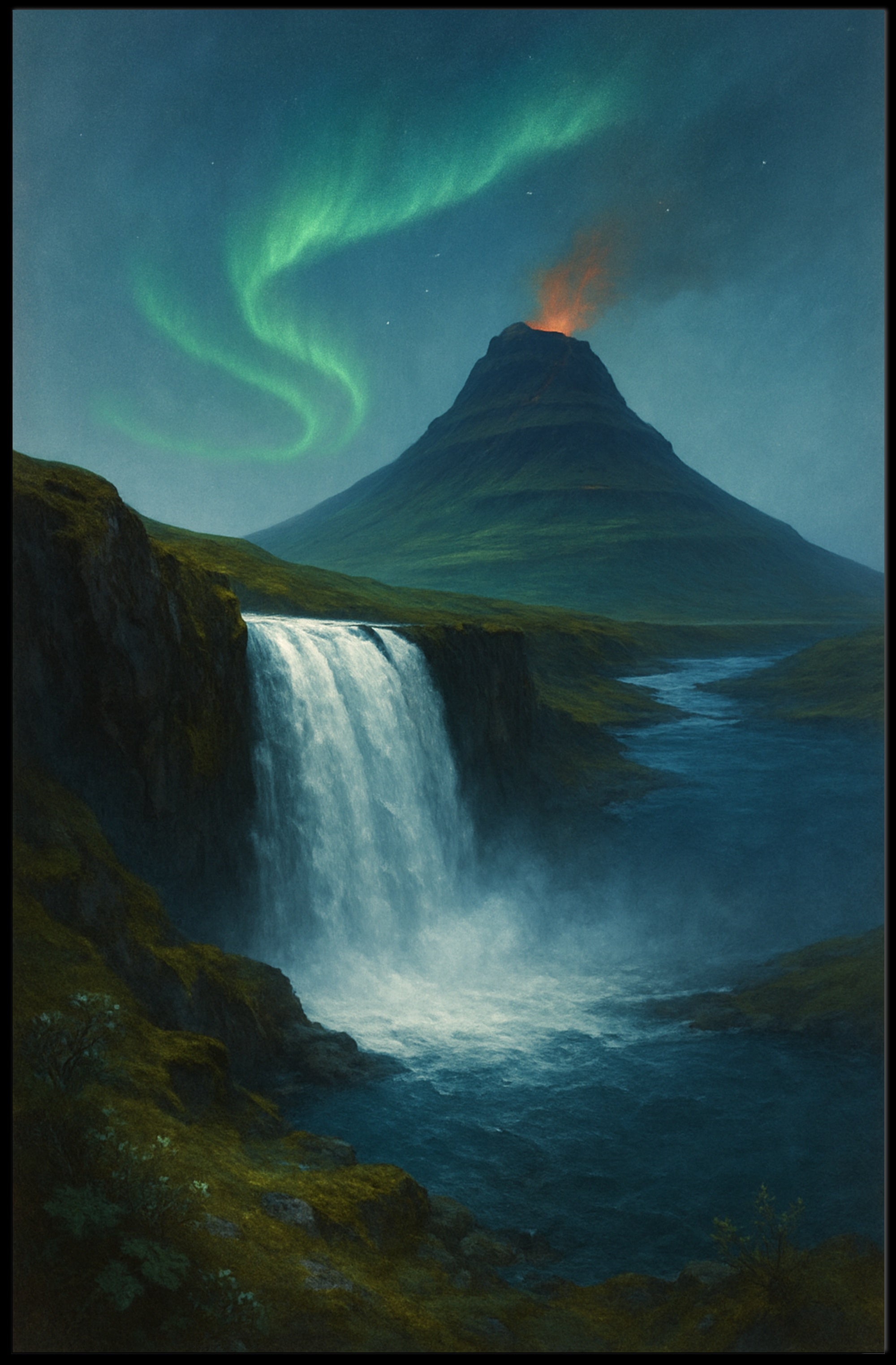 Icelandic Waterfall Under Aurora Borealis National Park Poster