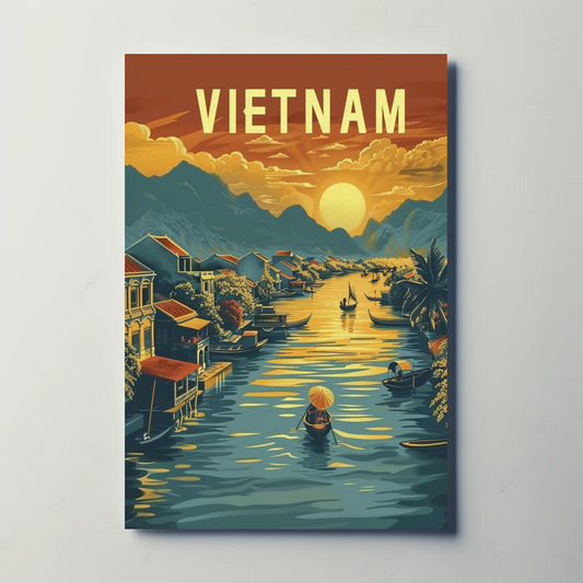 Vietnam River Sunset Floating Village Travel Poster
