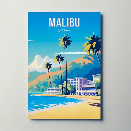 Malibu California Palm Trees Beach Hotel Hills Travel Poster