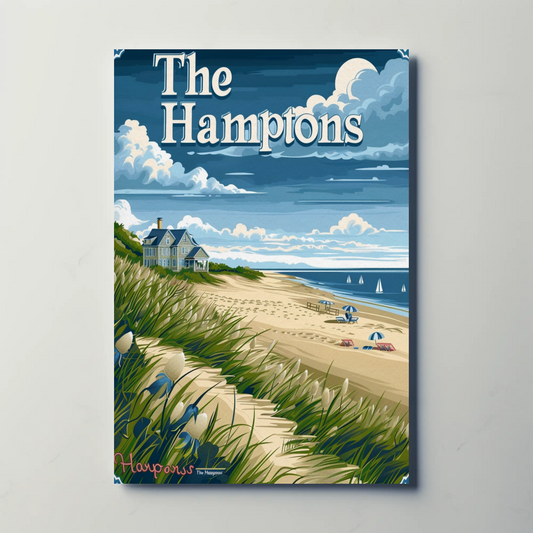 The Hamptons Beach Dunes House Umbrellas Travel Poster