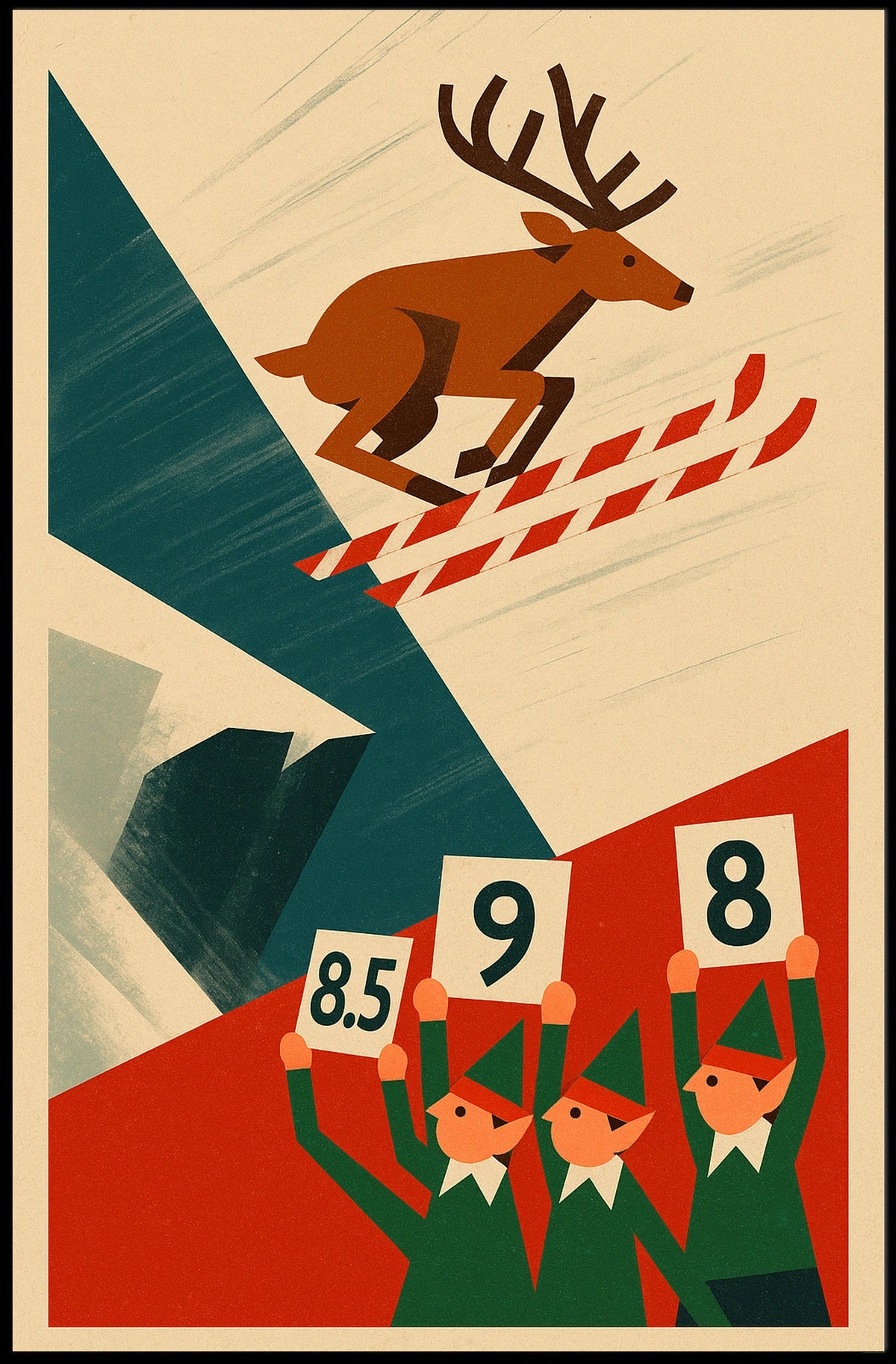 Whimsical Skiing Reindeer Retro Art Sports Poster