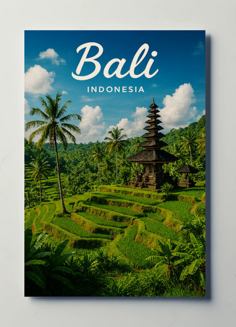 Bali Indonesia Rice Fields Temple Travel Poster