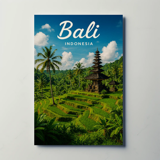 Bali Indonesia Rice Fields Temple Travel Poster