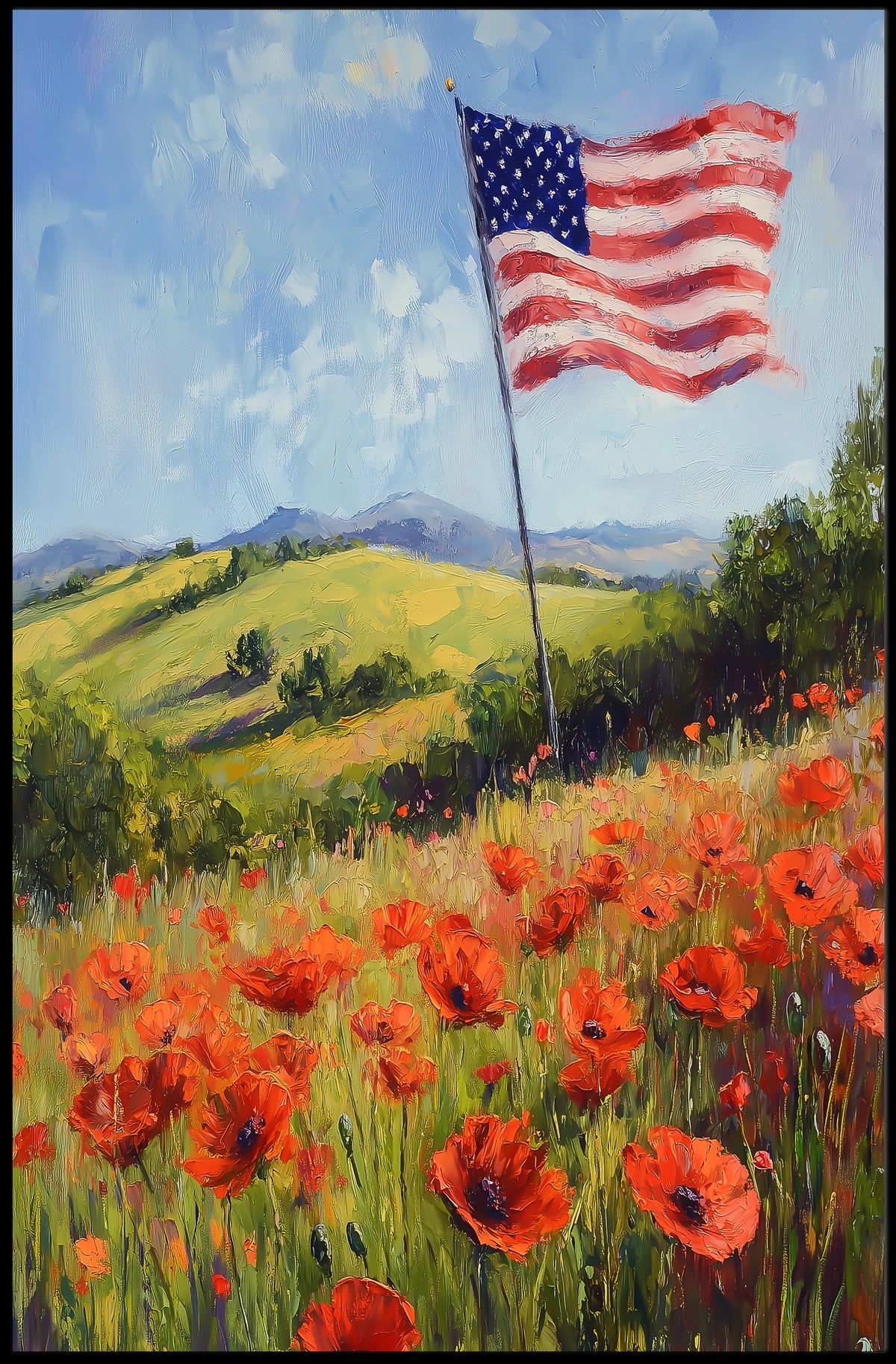 peaceful field of poppies with one large American flag Poster