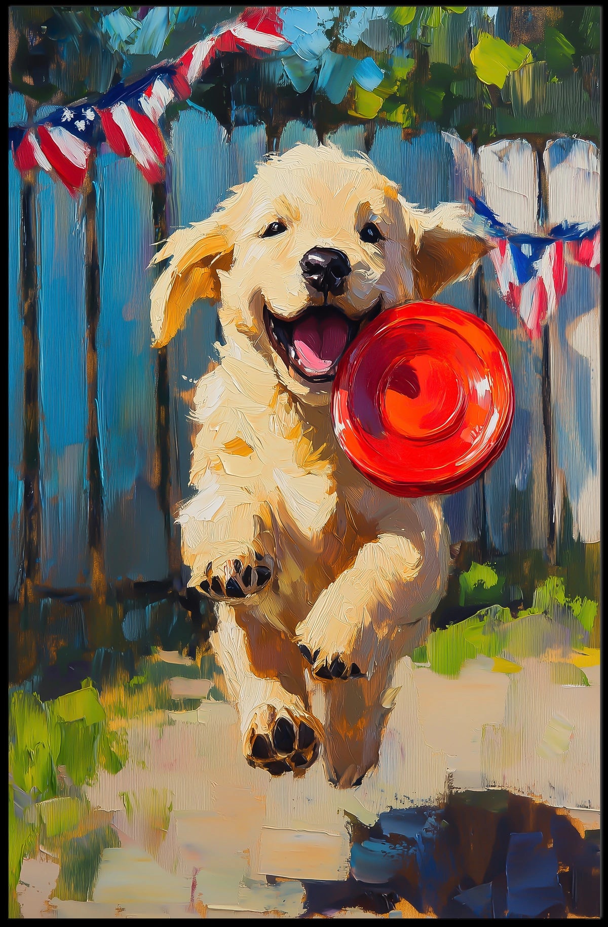 Golden Retriever Puppy Running With Red Frisbee Poster