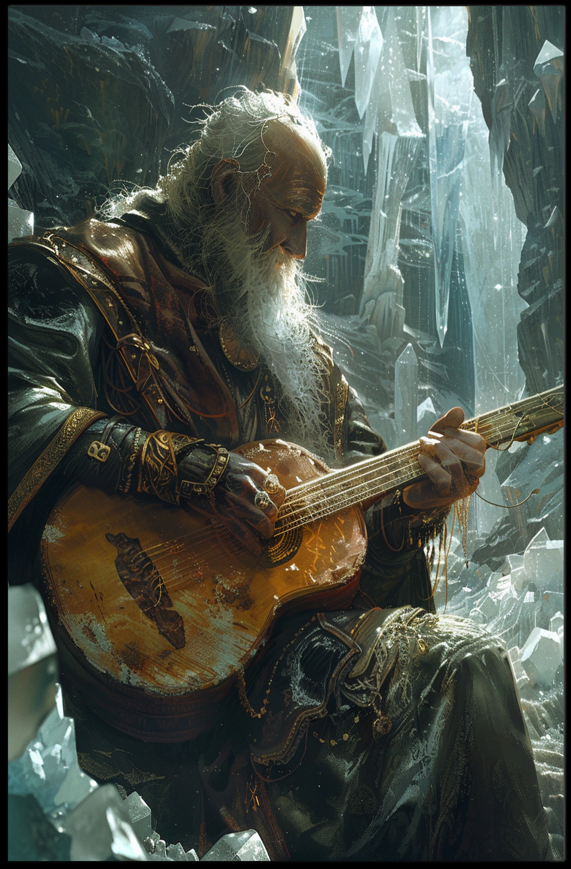 Elderly Musician in Mystical Cavern Fantasy or Mythology Poster PosterGoat