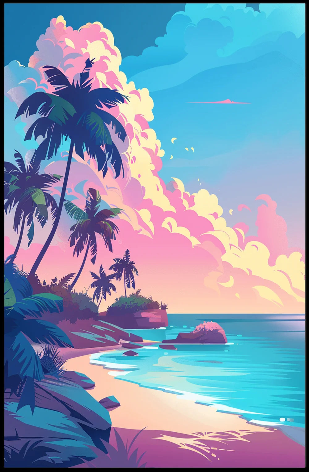 Tropical Sunset Beach Scene Art Poster