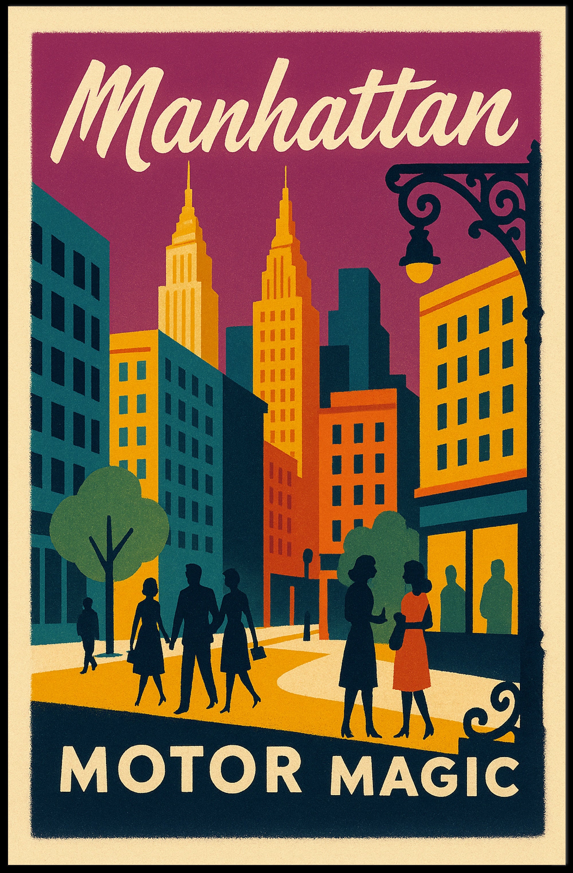 Stylized Manhattan Cityscape in Vibrant Art Deco Urban or Cityscape Poster