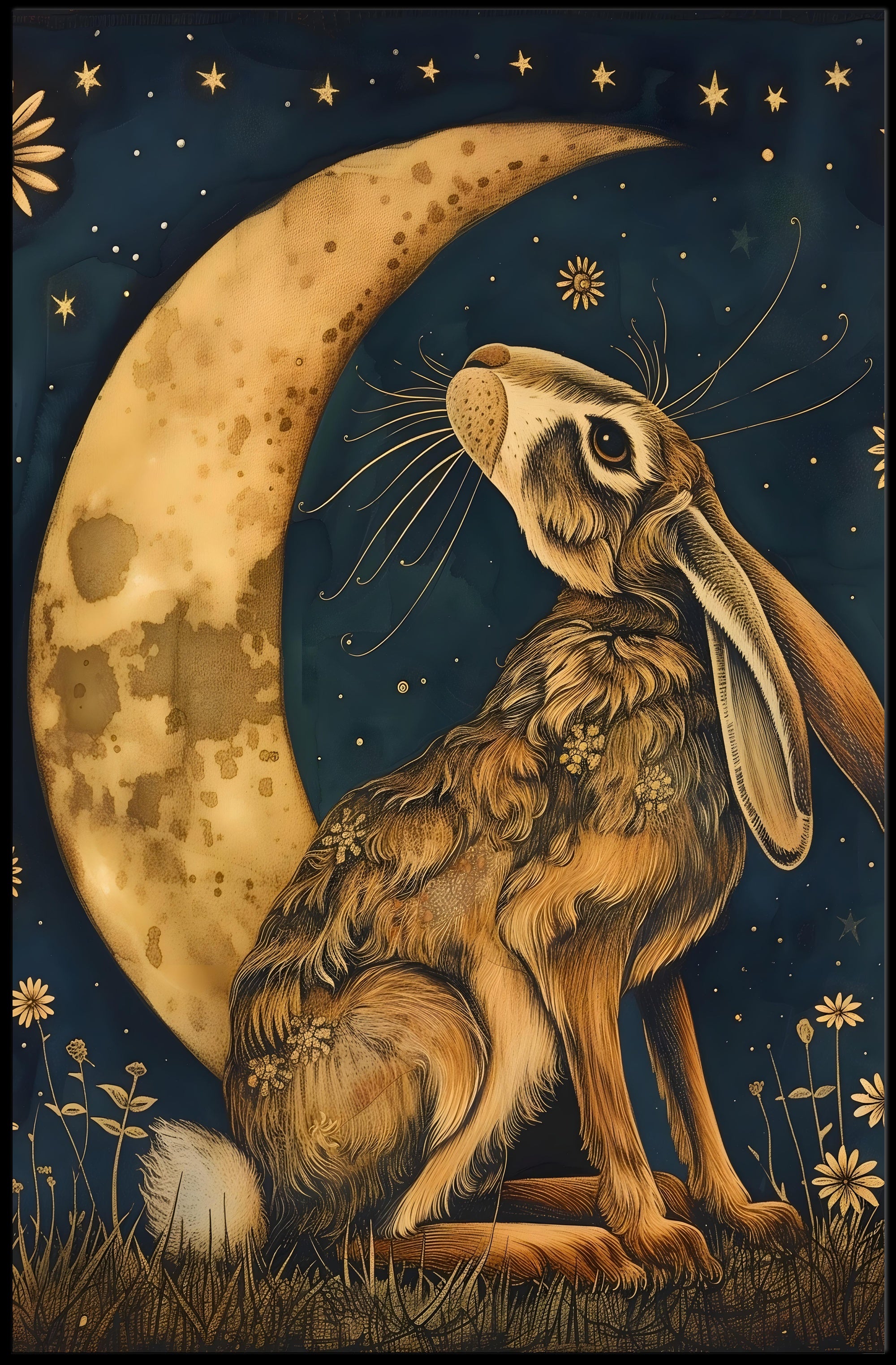 Moonlit Hare Fantasy: Whimsical Animal Nighttime Poster