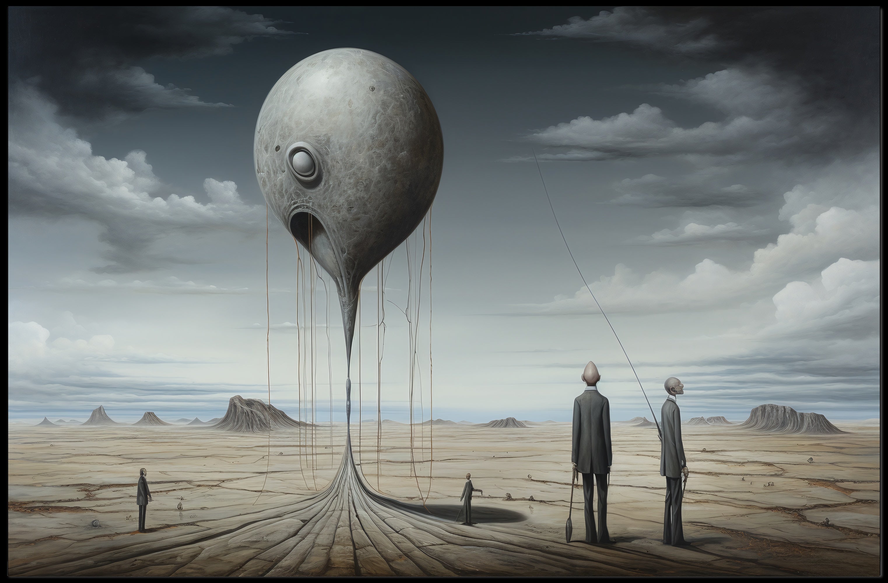 Surreal Metallic Sphere Floats in Desolate Sci-Fi Landscape Poster