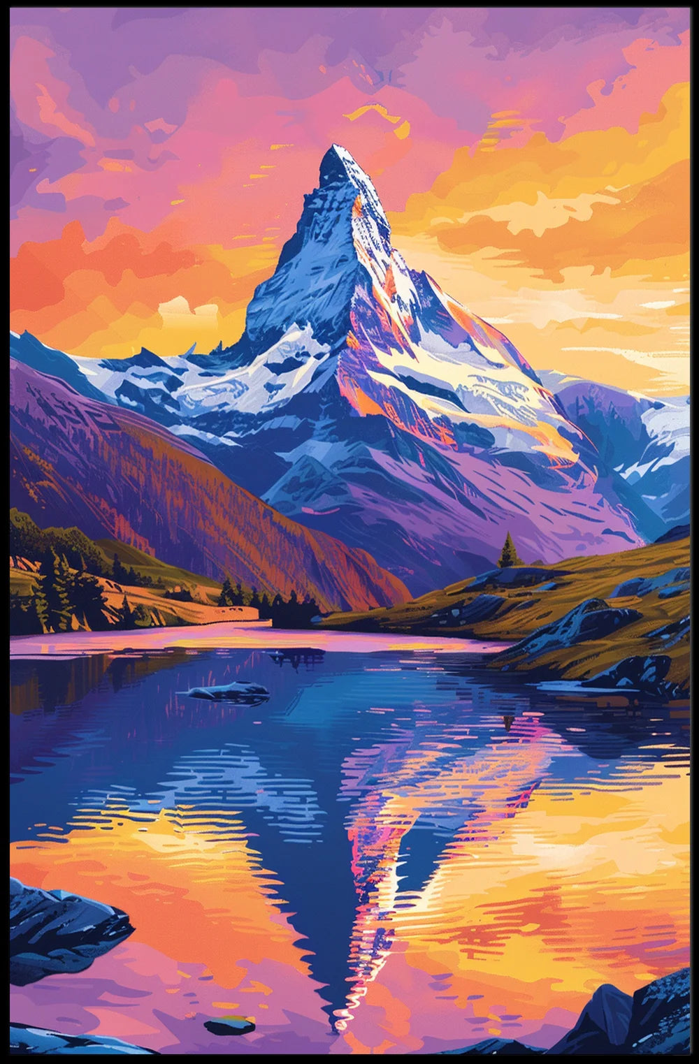 Matterhorn Sunset Reflection Vibrant Art Poster