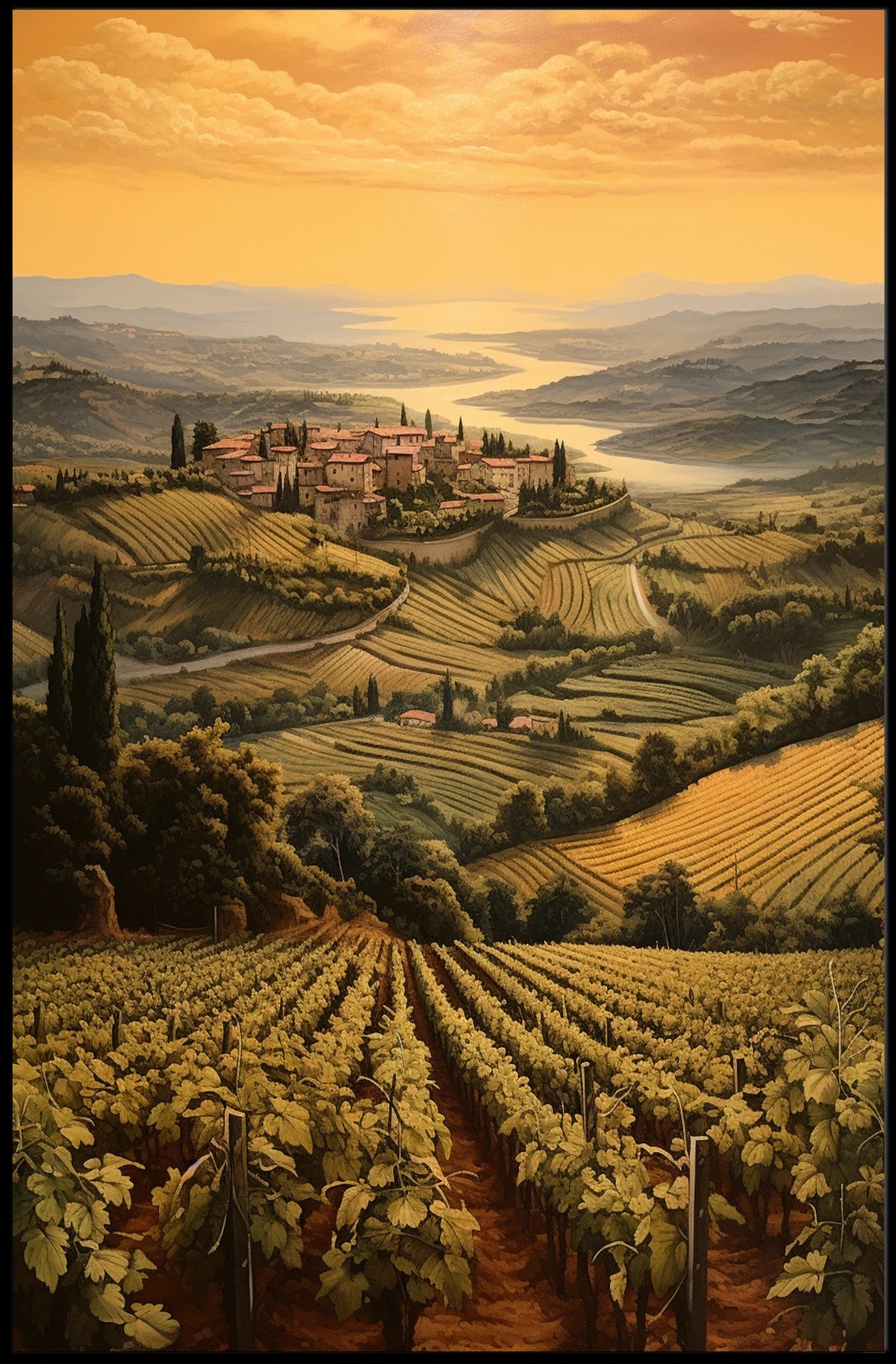 Tuscany Sunset Landscape Photorealistic Travel Poster